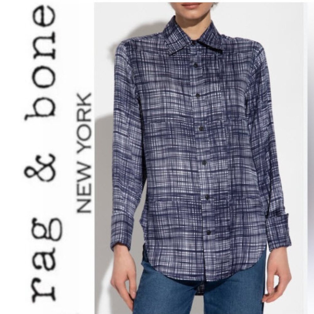 Rag & Bone Silk Navy Plaid Button-Up Shirt Blouse Size Large